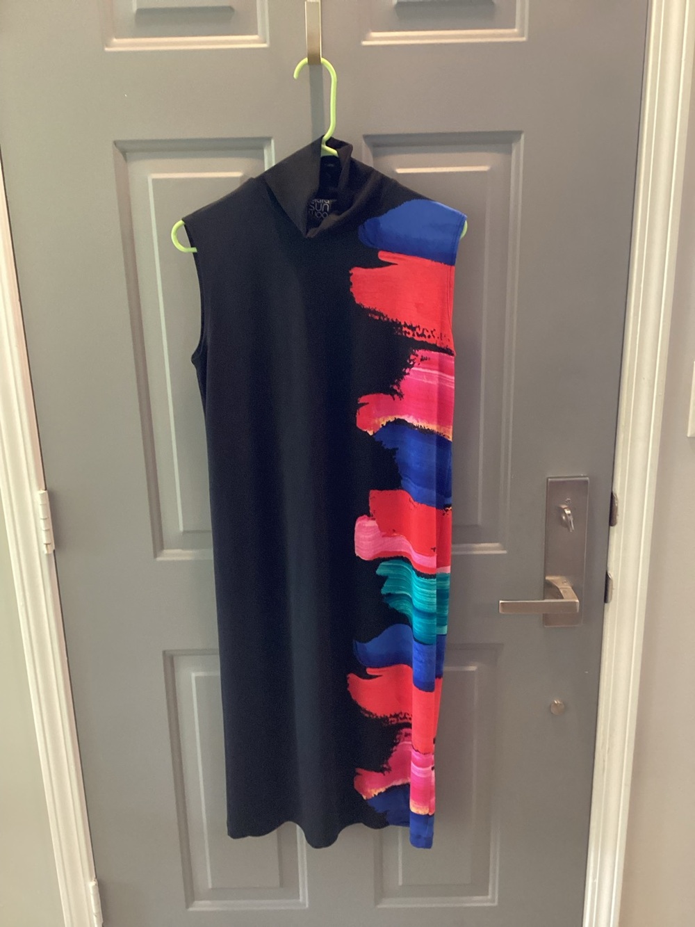 Clara Sun Woo Black Sleeveless Shift Dress with Multicolor Brushstroke Panel
